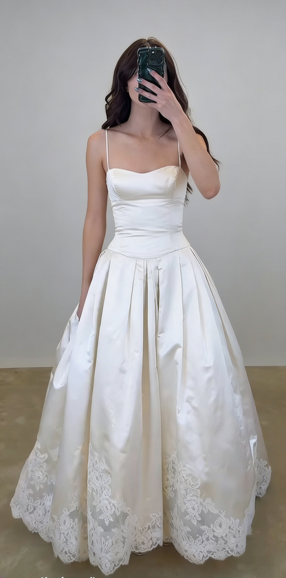 Charming Spaghetti Straps White Satin Lace Long Prom Dresses Formal Party Dress SP2080