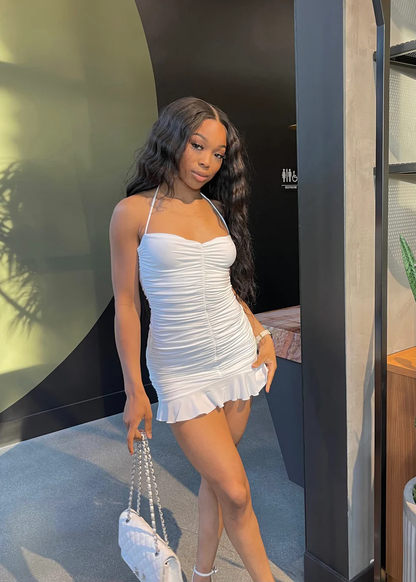 White Bodycon Dress With Ruched,White Mini Homecoming Dress,Y2443