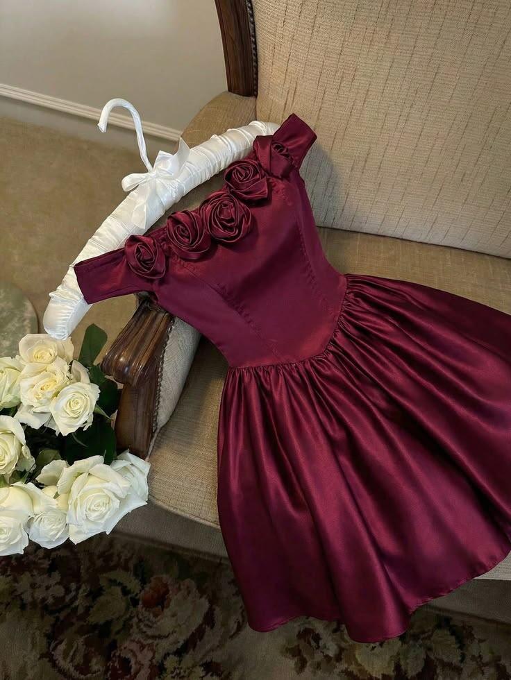 Elegant Burgundy Satin A Line Mini Birthday Outfits,Off The Shoulder Rose Floral Short Graduation Homecoming Dress SP2424