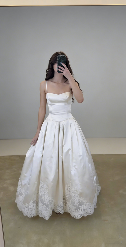Charming Spaghetti Straps White Satin Lace Long Prom Dresses Formal Party Dress SP2080