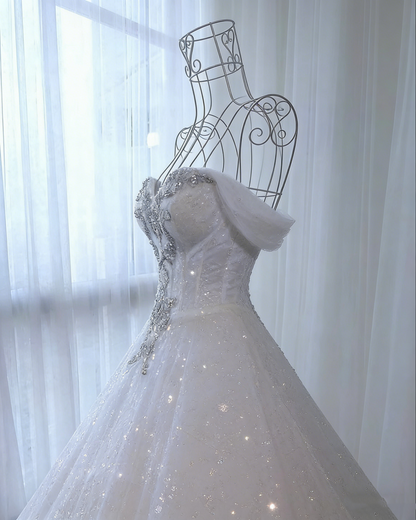 Off The Shoulder White Wedding Dress Shiny Evening Dress Y48