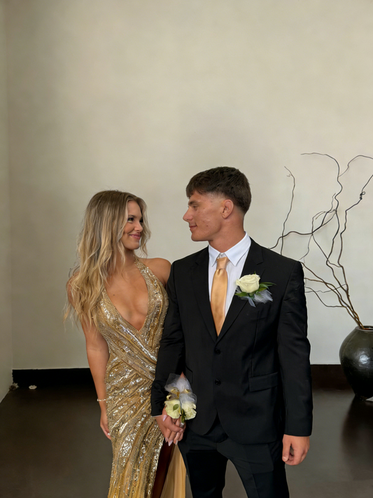 Gorgeous Halter V Neck Gold Tulle Sequin Beaded Mermaid Slit Evening Dress Long Birthday Party Dress SP1549