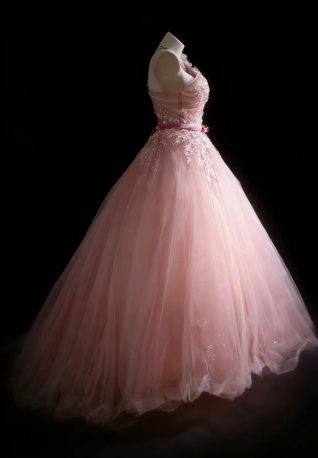 Glamorous Pink One Shoulder tulle Sequin Appliques Long Evening Dress Birthday Dress SP1845