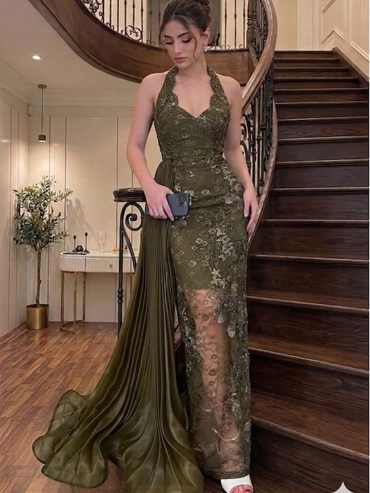 Vintage Olive Green Lace Sequin Beaded Sheath Long Party Dress Halter Birthday Prom Gowns SP2275