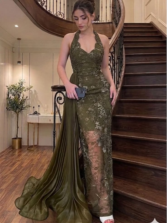 Vintage Olive Green Lace Sequin Beaded Sheath Long Party Dress Halter Birthday Prom Gowns SP2275