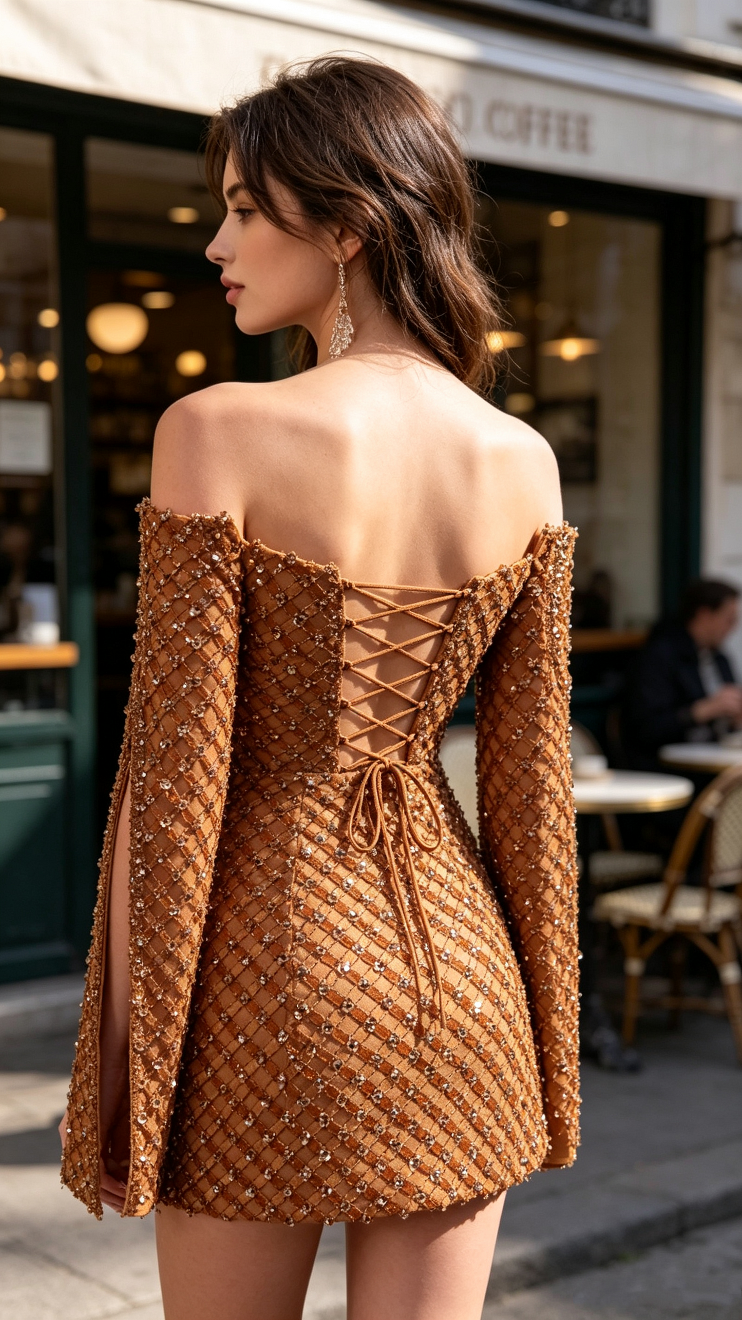 Gorgeous Caramel Brown Off Shoulder Split Sleeve Rhinestone Satin Bodycon Mini Cocktail Dress Formal Graduation Homecoming Dress SP2758