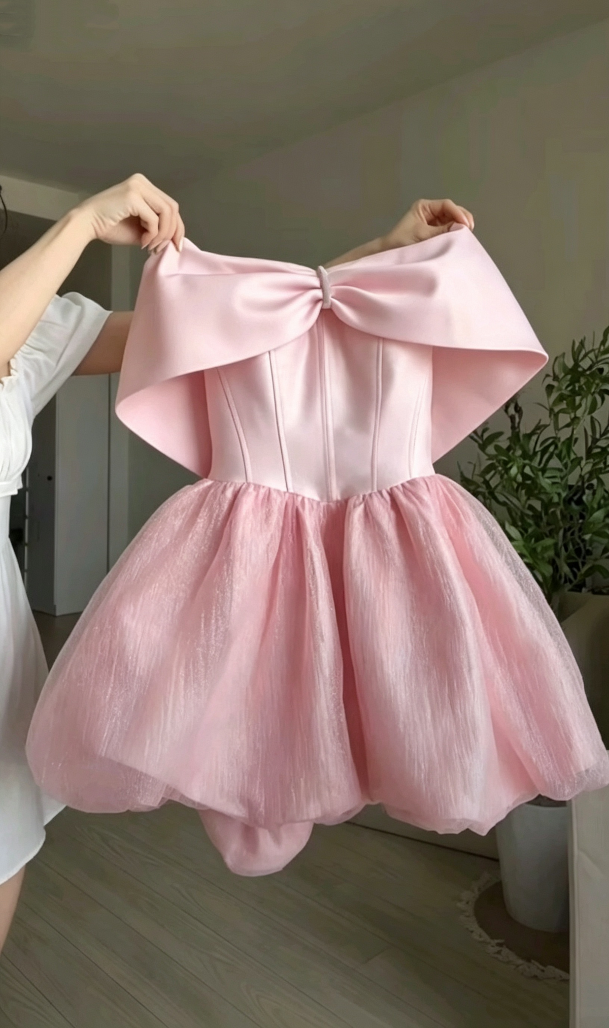 Sweet Pink Strapless Satin Tulle A Line Short Homecoming Dress Birthday Dress SP3924