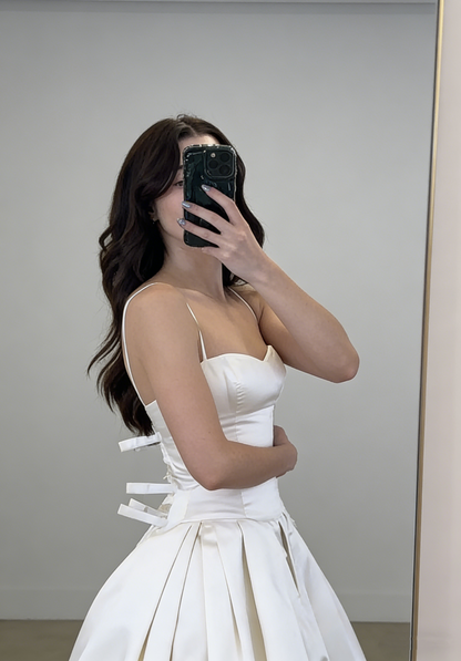Charming Spaghetti Straps White Satin Lace Long Prom Dresses Formal Party Dress SP2080