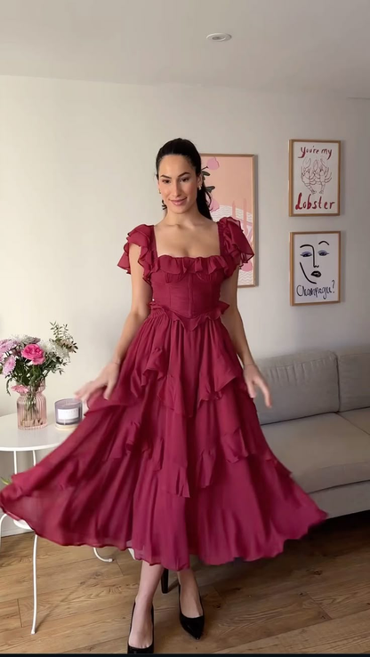 Elegant Lilac Square Chiffon Ruffled A Line Long Party Dress Birthday Dress SP2314