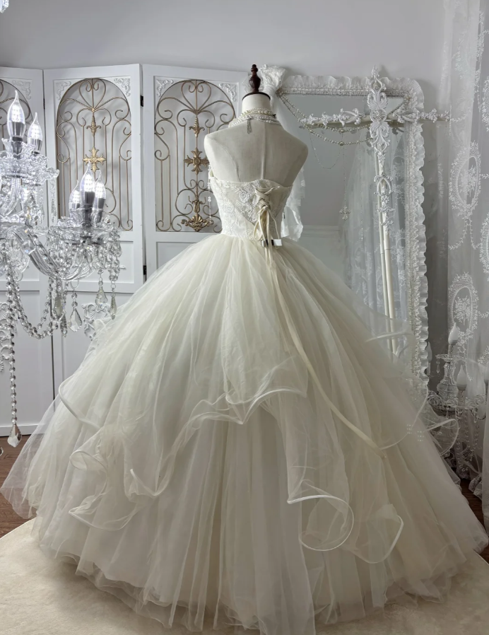 Classy Strapless Off White Lace Tulle Ball Gown Long Wedding Dress Bridal Dress SP1776