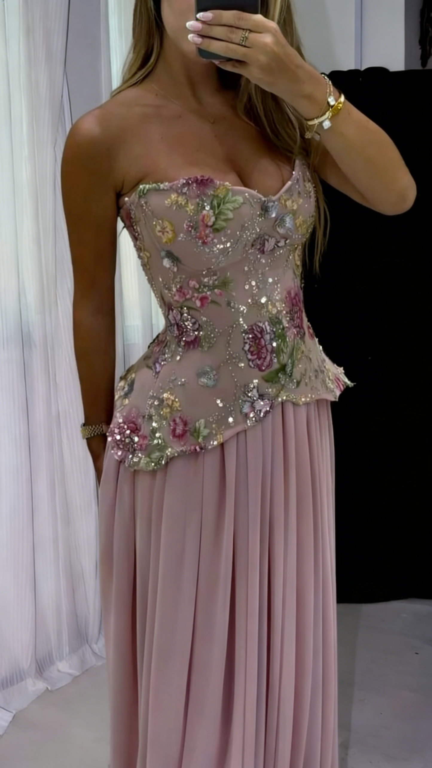 Pretty Strapless Embroidered Floral Sequin Chiffon Mermaid Long Party Dress Pink 20th Birthday Outfits SP1831