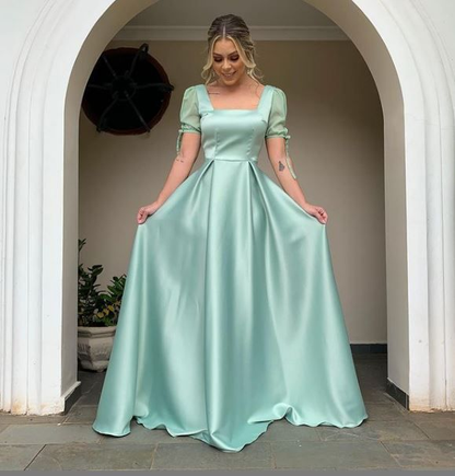 Modest A-line Square Neck Puff Sleeve Long Prom Dress,Wedding Guest Ou Simplepromdress Modest A-line Square Neck Puff Sleeve Long Prom Dress,Wedding Guest Ou Simplepromdress