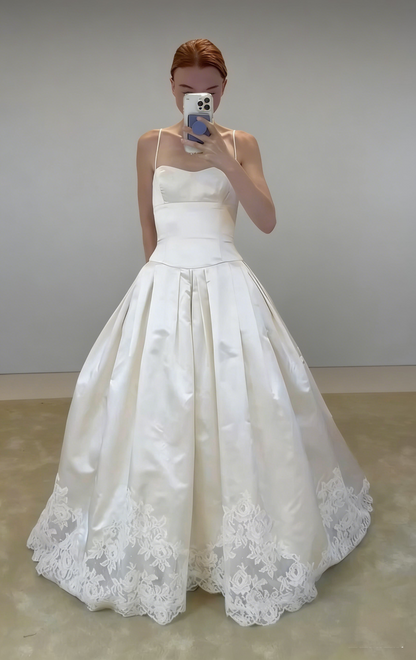 Charming Spaghetti Straps White Satin Lace Long Prom Dresses Formal Party Dress SP2080