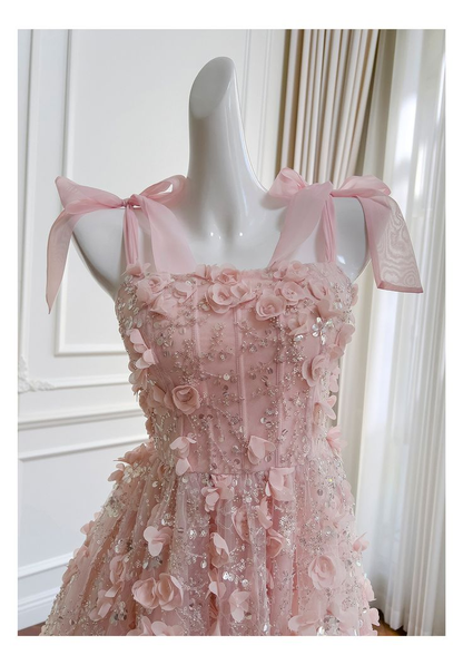 Elegant Spaghetti Straps Tulle Appliques A Line Short Homecoming Dress,Pink Mini 17th Birthday Outfits SP3266