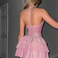 Pink Halter V Neck Layered Sequins A Line Homecoming Dress Mini Prom Dress Y8060