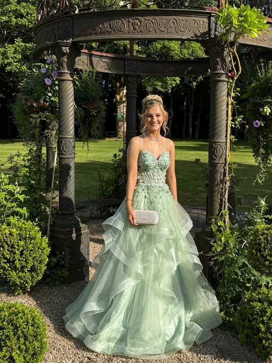 Charming Spaghetti Straps Tulle Sequin Appliques Long Party Dress,Sage Green Long Birthday Prom Dresses SP4020