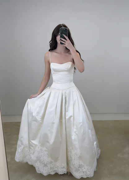 Charming Spaghetti Straps White Satin Lace Long Prom Dresses Formal Party Dress SP2080