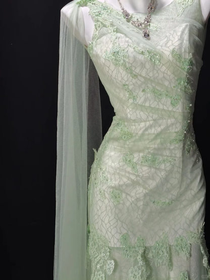 Pretty Green V Neck Tulle Lace Appliques Mermaid Party Dress Long Wedding Guest Dress SP3192