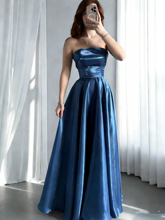 Fashion Strapless Blue Satin A Line Evening Dress Long Wedding Guest Dress SP1710