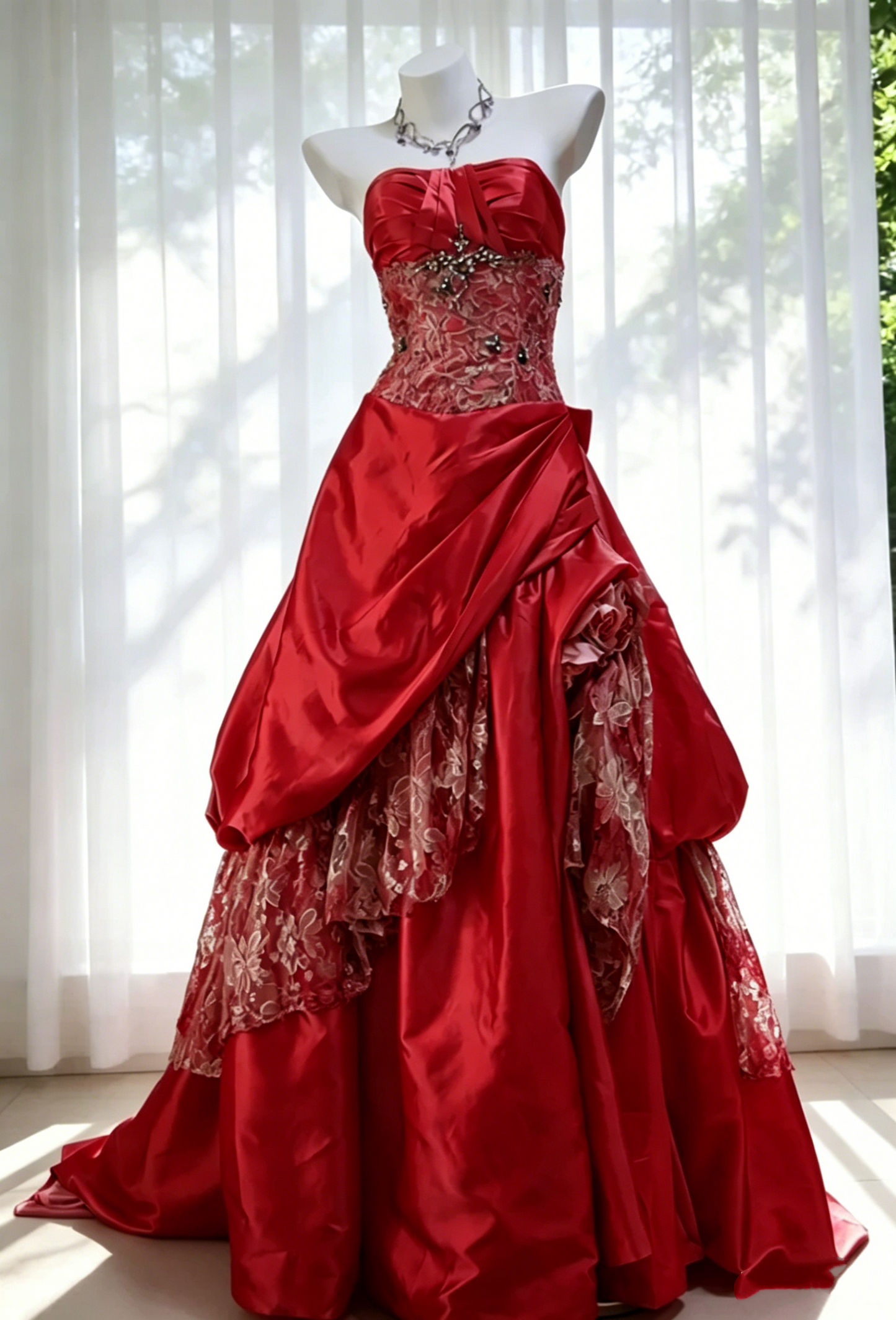 Stunning Pink Strapless Satin Lace Beaded Long Birthday Party Dress Prom Dresses SP1524
