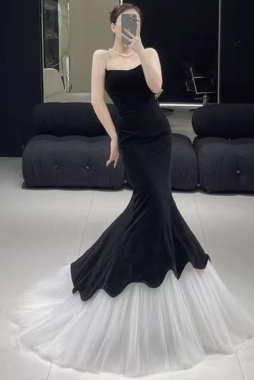 Black Strapless Velvet Mermaid Prom Dress, Elegant Sleeveless Formal Gown Y7136
