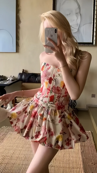 Pretty Strapless Satin Print Floral A Line Short Graduation Homecoming Dress Birthday Outfits SP146