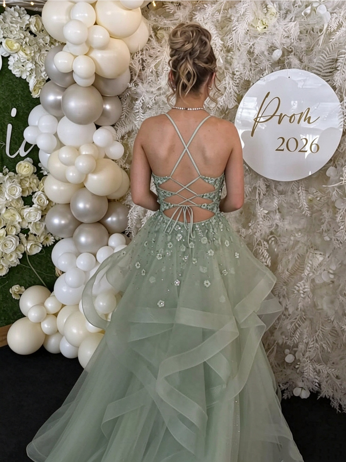 Charming Spaghetti Straps Tulle Sequin Appliques Long Party Dress,Sage Green Long Birthday Prom Dresses SP4020