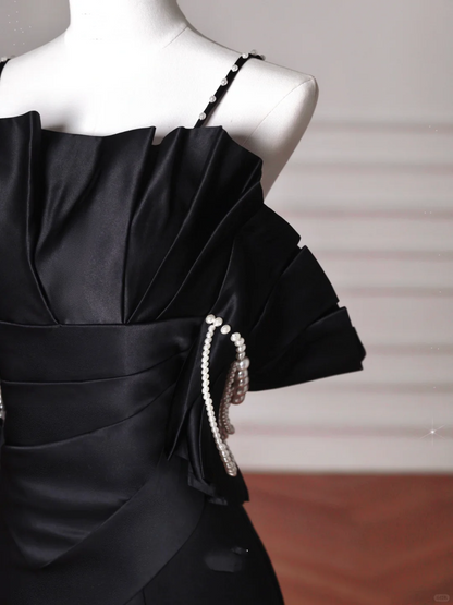 Elegant Black Spaghetti Straps Satin Off The Shoulder Mermaid Evening Dress Prom Dress Y8641