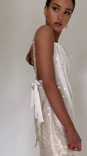 Elegant White Backless 6th Grade Homecoming Dress,Spaghetti Straps Satin Sequin Beaded Short Prom Dress SP2989