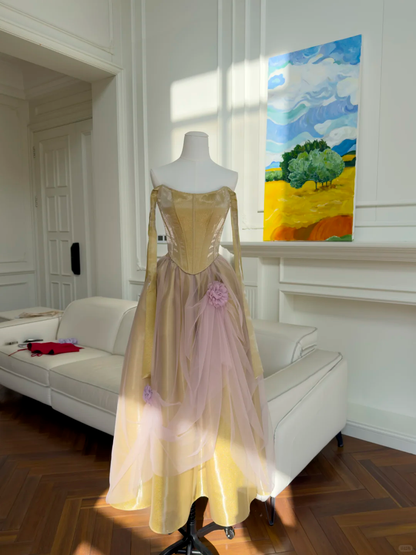 Vintage Satin Tulle A Line Long party Dress Formal Wedding Guest Dress Two Piece SP2583
