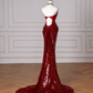 Sexy Burgundy Sequins Halter V Neck Evening Dress,Backless Mermaid Evening Dress Y8628