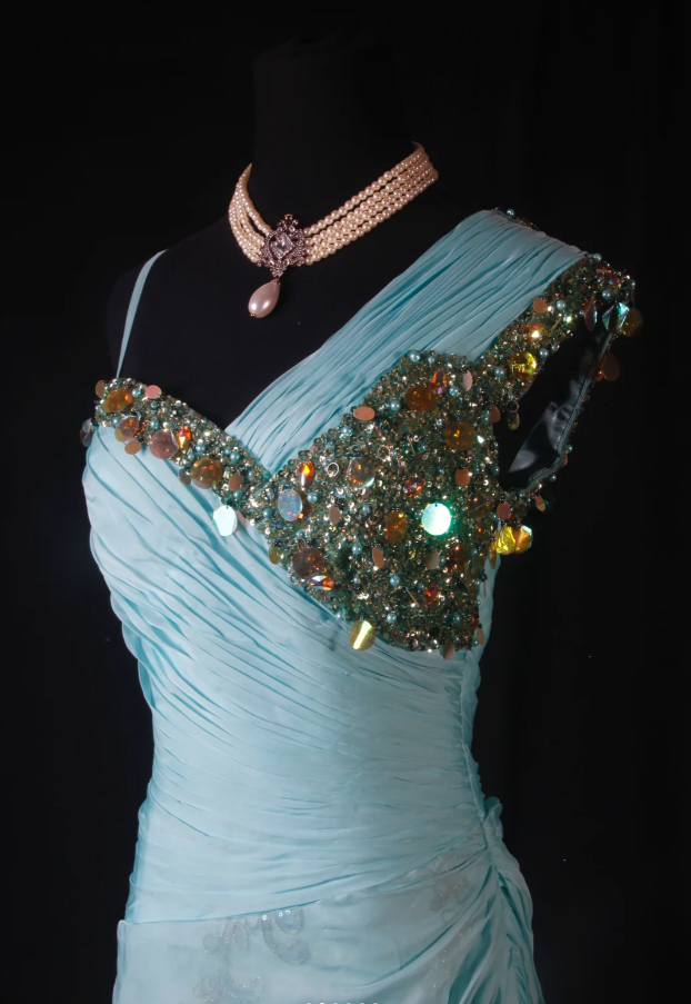 Chic Blue Chiffon Lace Beaded Mermaid Evening Dress Long Birthday Dress With 3D Flowers SP1694