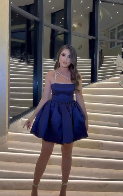 Fashion One Shoulder Satin Short 19th Birthday Outfits,Blue Short Homecoming Dress SP3968