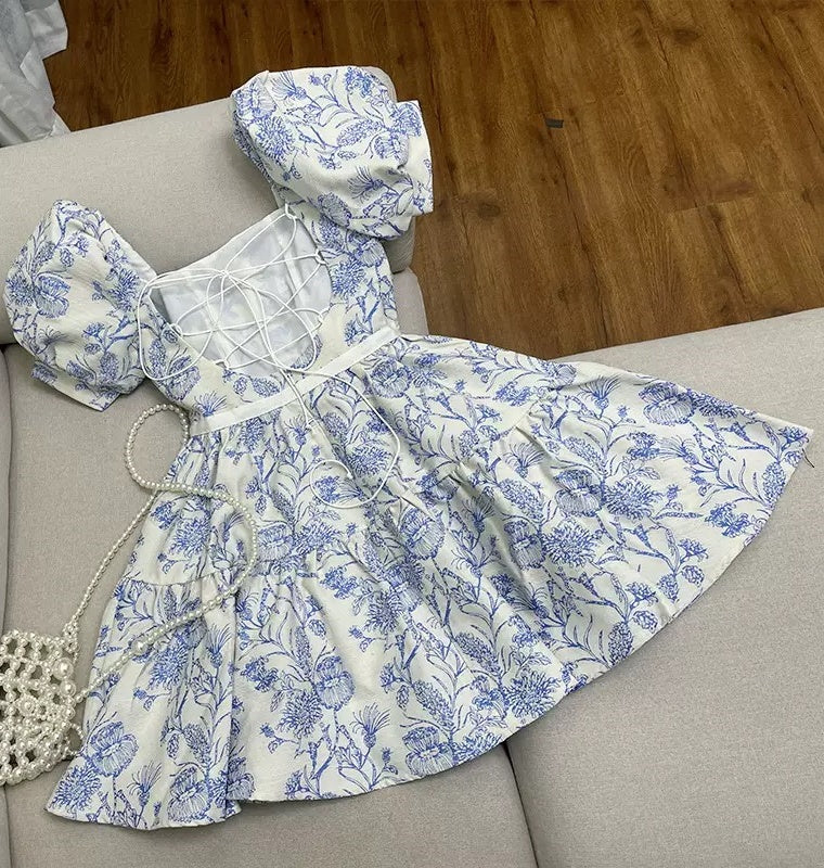 Elegant Blue Satin Print Floral A Line Short Homecoming Dress 18th Birthday Outfits SP140