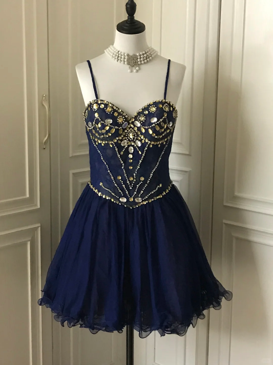 Vintage Spaghetti Straps Lace Beaded Cocktail Dress Navy Blue Homecoming Dress Birthday Outfits Y9056