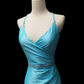 Vintage V Neck Blue Beaded Satin Pleated Mermaid Prom Dress Party Gown SP592