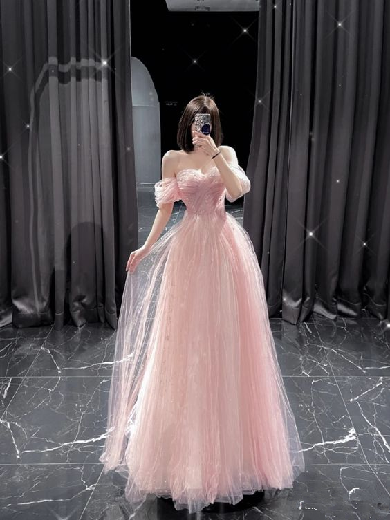 Off The Shoulder Pink Tulle Prom Dress,Pink Fairy Dress Y5974 – Simplepromdress