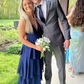 Modest A-line V Neck Navy Blue Tiered Prom Dress Y4537