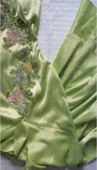 Classy Spaghetti Straps Green Satin Beaded Mermaid Long Party Dress Prom Dress SP2691