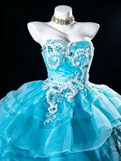Charming Blue Strapless Tiered Ruffle Tulle Formal Ball Gown Crystal Lace Bodice Princess Quinceanera Dress & Sweet 16 Dress SP2730