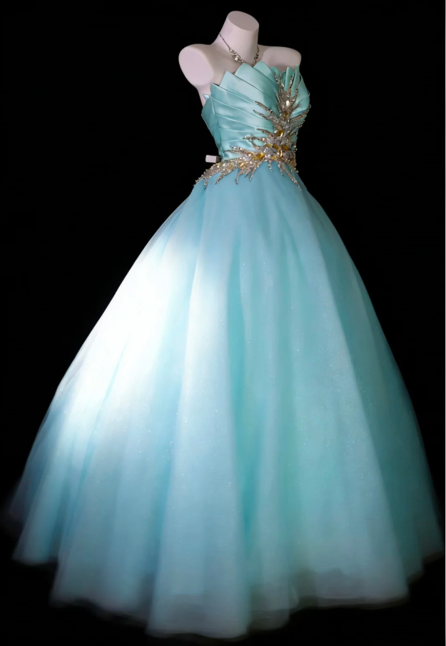 Pretty Strapless Ball Gown Blue Satin Pleated Tulle Beaded Long Evening Dress Birthday Dress SP1839