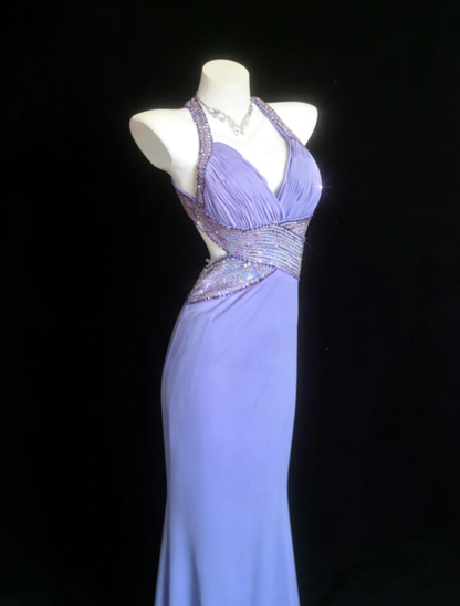 Classy Purple Halter Satin Sequin Beaded Mermaid Evening Dress Backless Long Party Gown SP1597