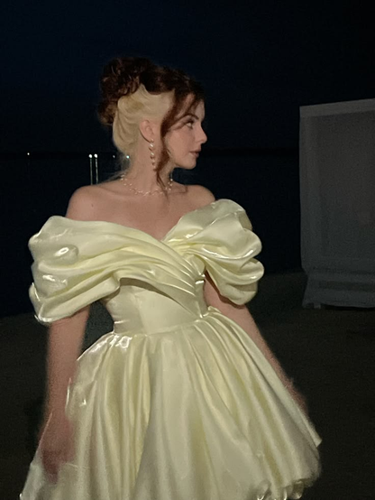 Elegant Off The Shoulder Satin Pleated A Line Short Birthday Dress,Yellow Short Homecoming Dress SP2799