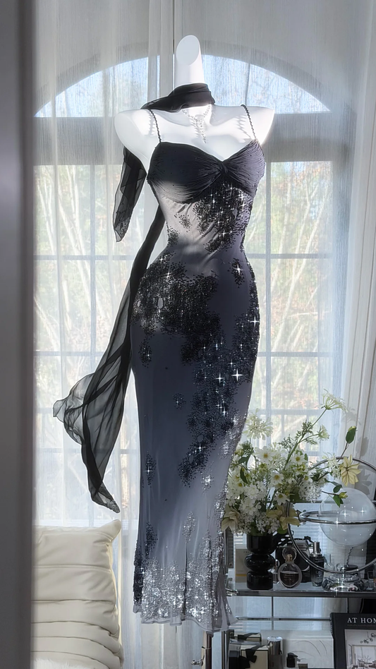 Vintage Spaghetti Straps Black Chiffon Beaded Mermaid Long Evening Dress Birthday Dress With Ribbon SP2190