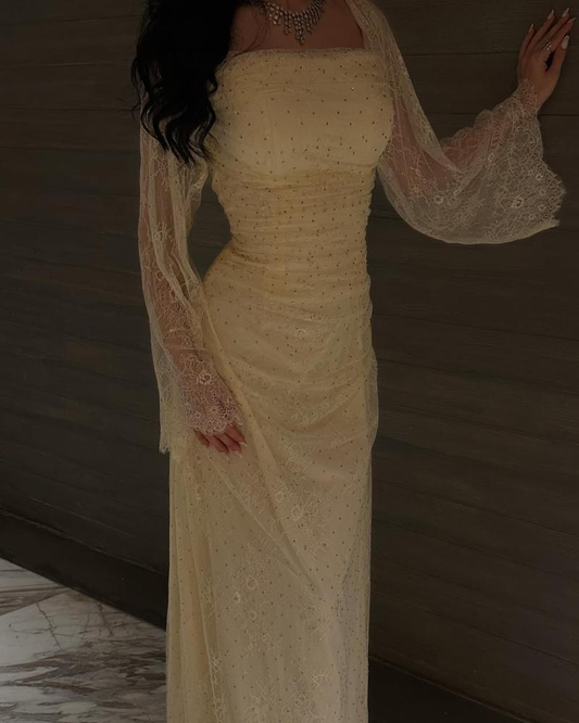 Classy Yellow Square Neck Lace Beaded Long Evening Dress Birthday Outfits SP839