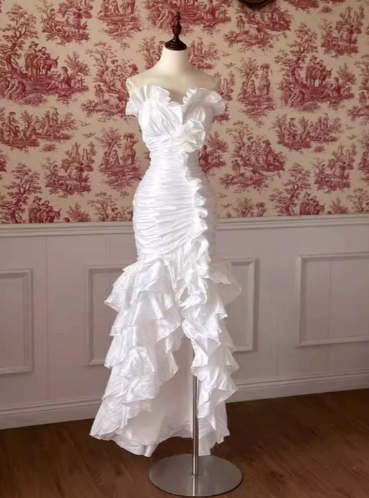 White Mermaid Satin Pleated Strapless Hi Low Pleats Wedding Dress Y8748