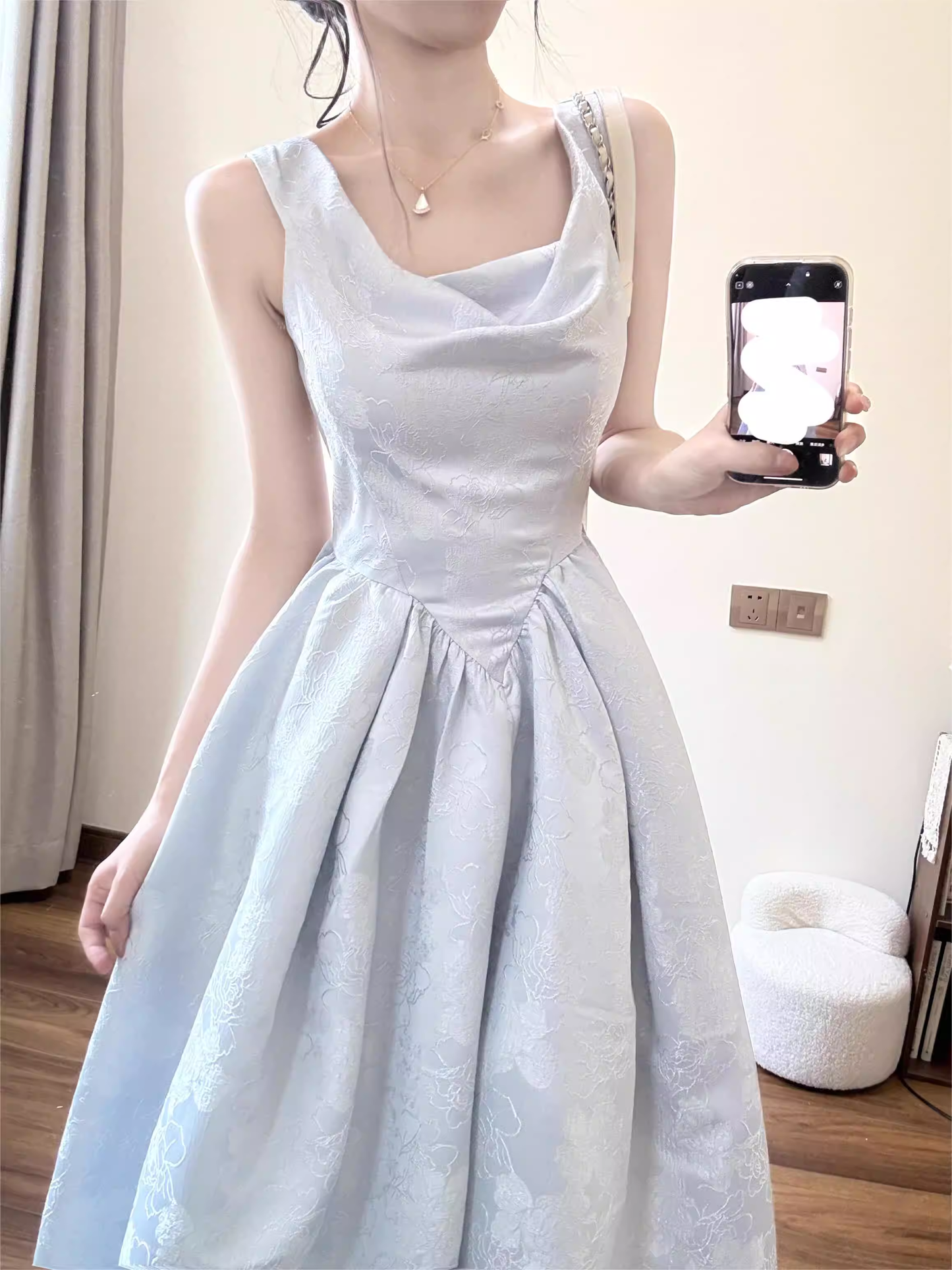 Unique Spaghetti Straps Blue Satin Print Floral A Line Long Birthday Prom Dress Evening Gown SP2027