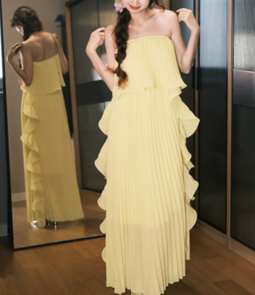 Chic Strapless Chiffon Pleated Long Party Dress Yellow Prom Dress SP2098