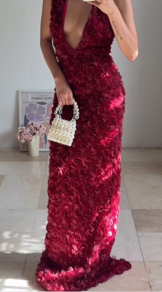Gorgeous Deep V Burgundy Rose Flowers Sheath Long Prom Dress Evening Dress Y8504