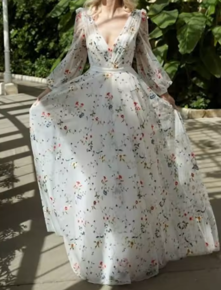 French Elegant Floral Chiffon Long Sleeve Bridal Dress ,V Neck Wedding Simplepromdress French Elegant Floral Chiffon Long Sleeve Bridal Dress ,V Neck Wedding Simplepromdress